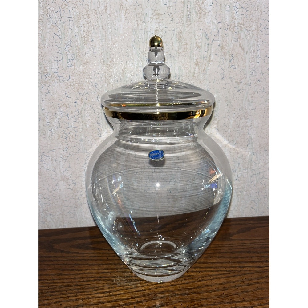 Bohemia Crystal Apothecary Jar w/ Lid Gold Trim -‎ Czech Republic 12" Vintage
